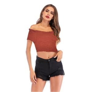 One tree ruched bandou top with sleeves and ruffle bottoms burnt orange size L